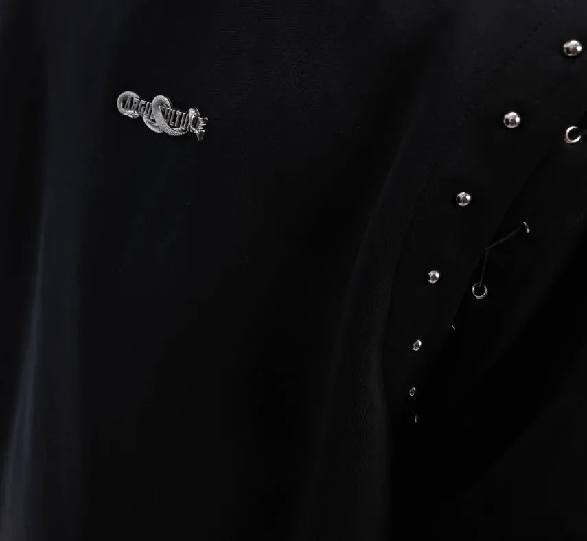 Black deconstructed short sleeve t-shirt with lace-up detail and a cutout design on a mannequin.