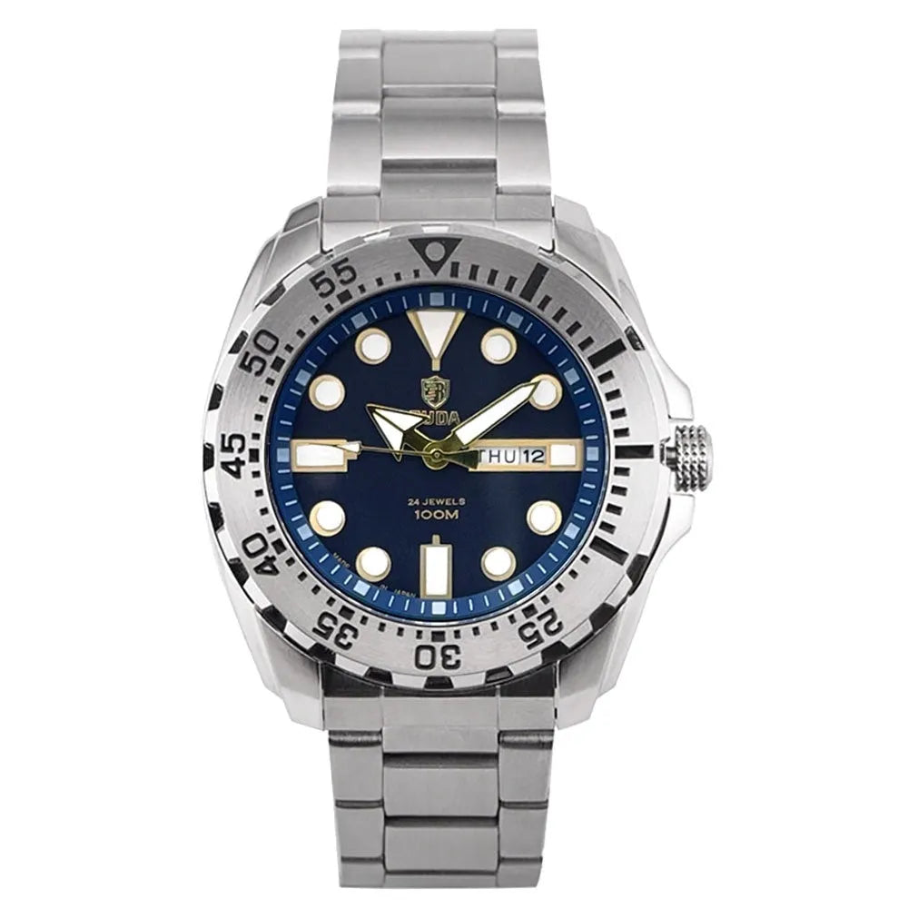 Men's waterproof luminous watch with blue dial on a steel bracelet.
