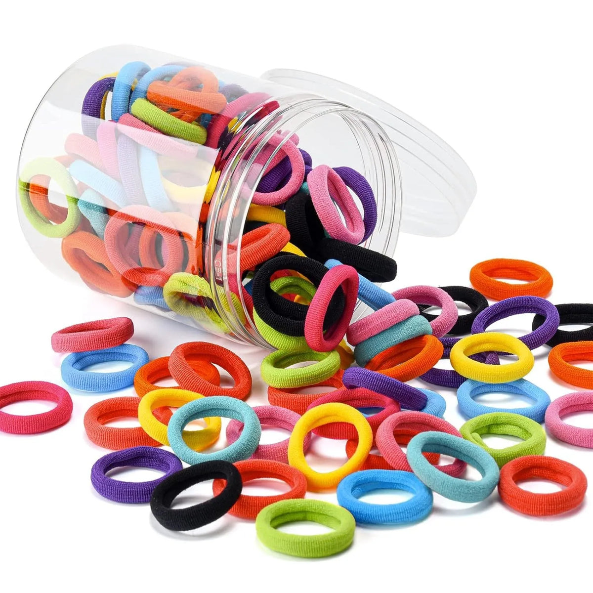 Multicolour assortment of 100 small seamless cotton baby hair ties in a jar.