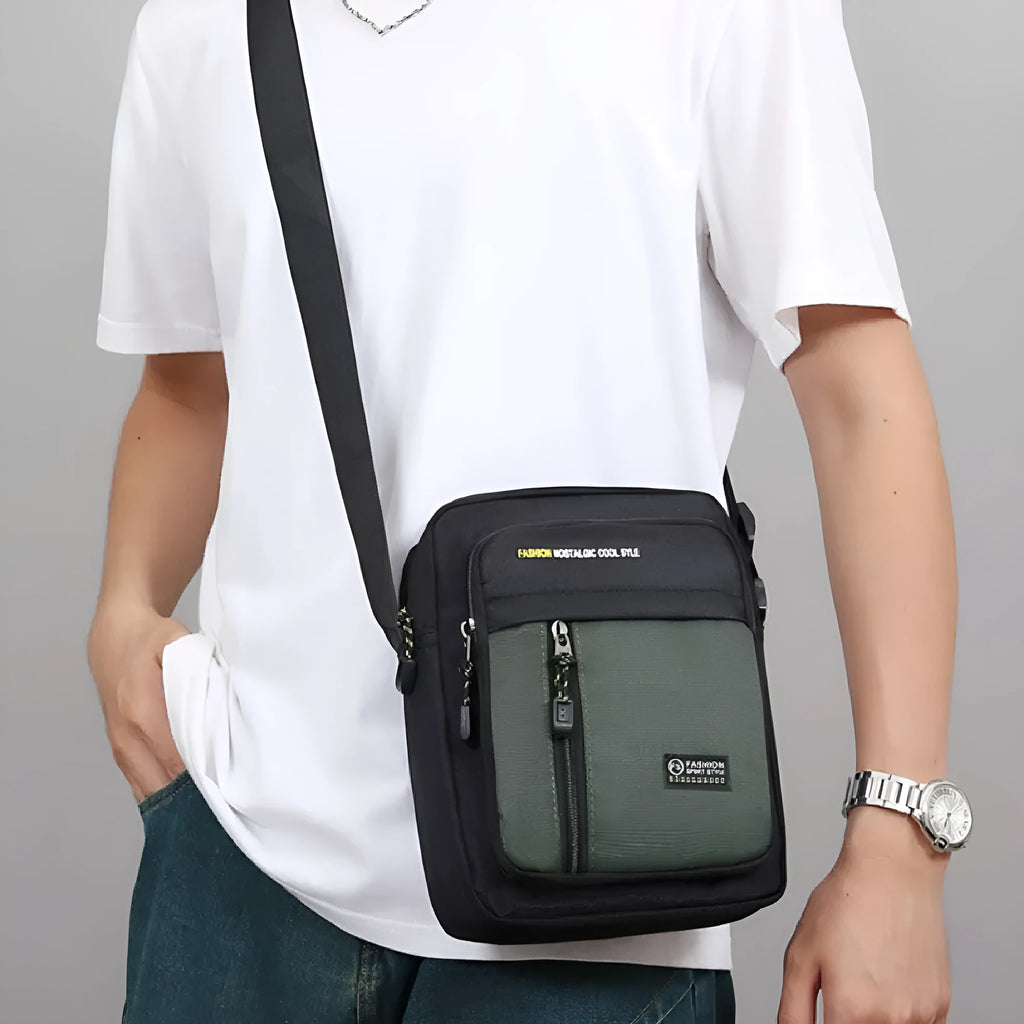 Men's casual nylon messenger crossbody bag with sewn thread detail, shown in available colours.