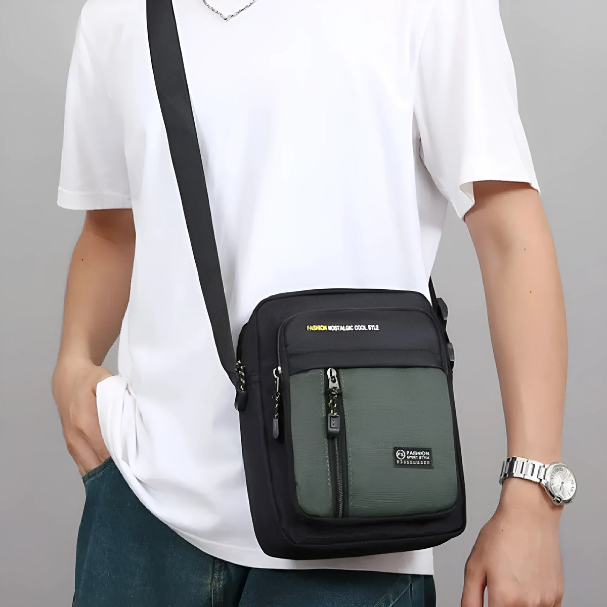 Men's casual nylon messenger crossbody bag with sewn thread detail, shown in available colours.