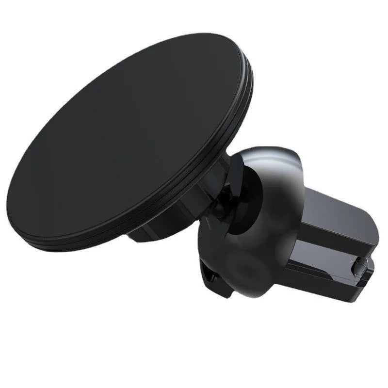 Black aluminium alloy magnetic car phone holder mounted on air vent, holding smartphone