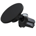 Black aluminium alloy magnetic car phone holder mounted on air vent, holding smartphone