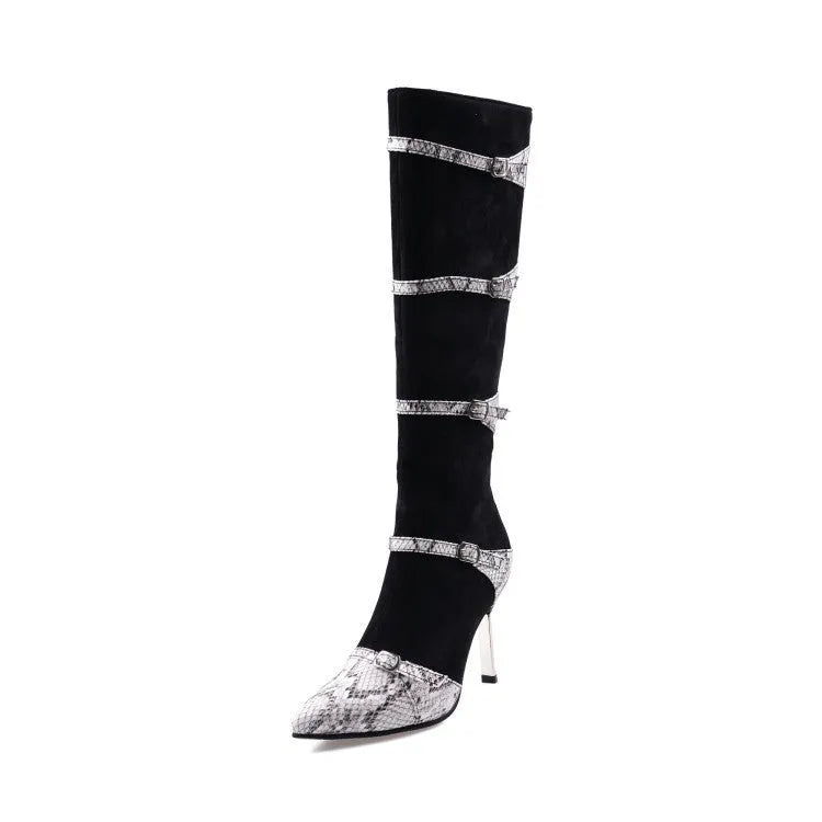 Women's grey and black knee high boots with thin high heels for autumn wear