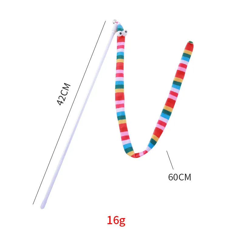 Cat teaser wand toy with a long plush strip and bell on a polycarbonate pole.