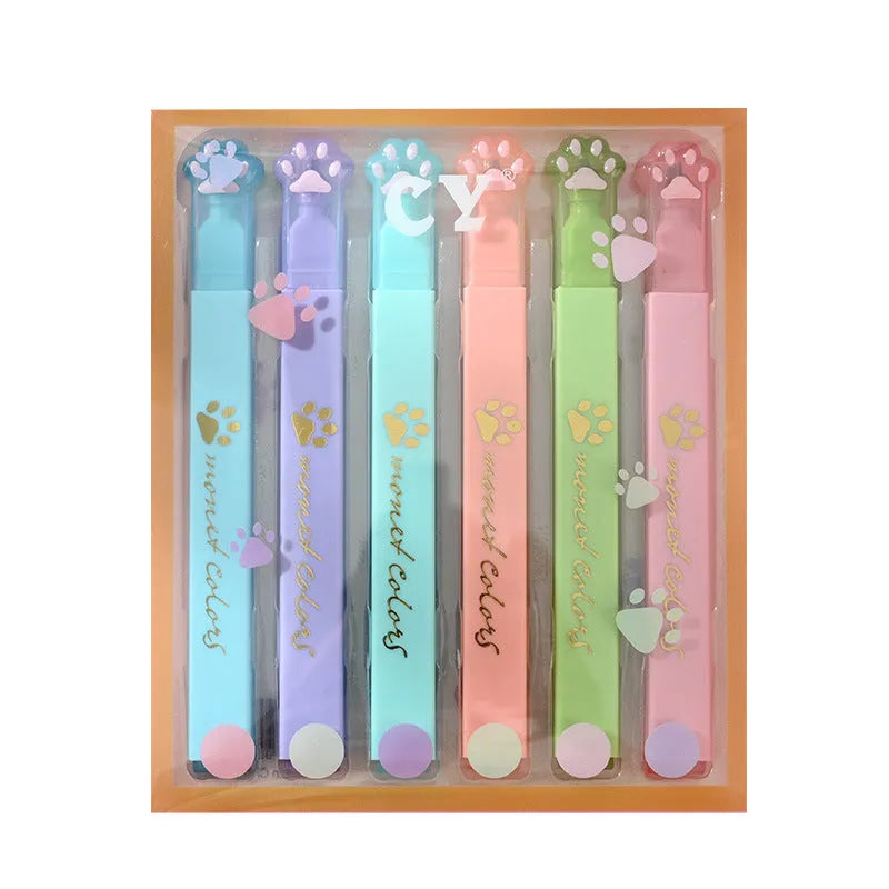 Cat's Paw fluorescent marking pen set showing six coloured pens with oblique nibs in a plastic case.