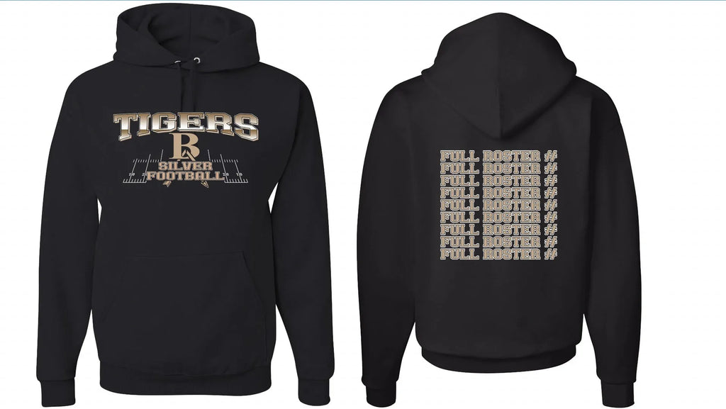 Black men's hooded sweatshirt with drop-shoulder sleeves on a model.