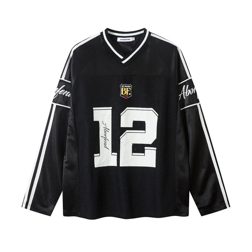 Men's black digital printed V-neck top with long sleeves and loose fit design