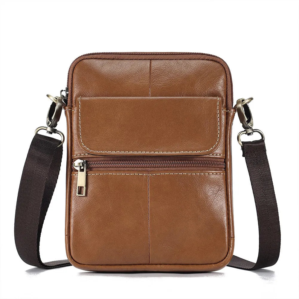 Men's brown genuine leather crossbody shoulder bag with visible stitching and a solid colour design.