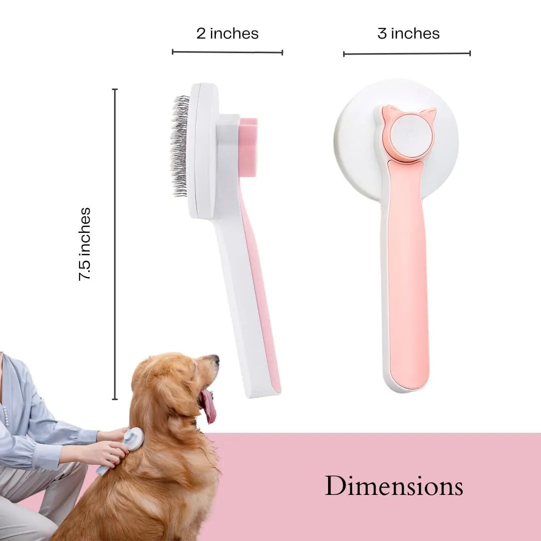 Blue self-cleaning slicker brush for dogs and cats with stainless steel pins and a rubber handle.