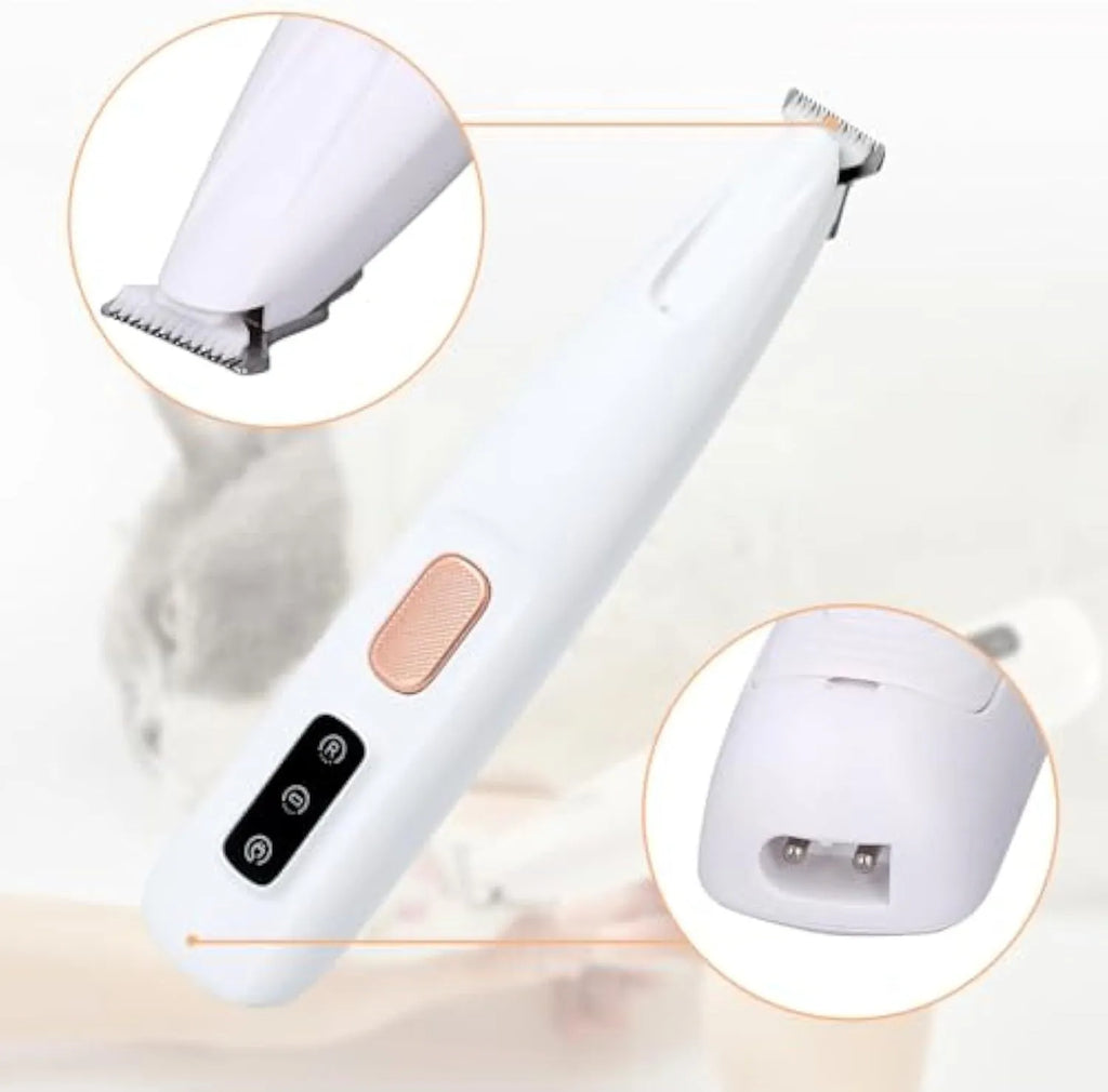 White electric dog paw trimmer with LED light, measuring 17.7 cm with low noise operation