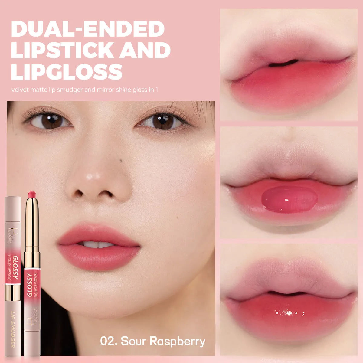 Double-headed lipstick and lip gloss cosmetic product showing matte and glossy ends with 10 colour shade options