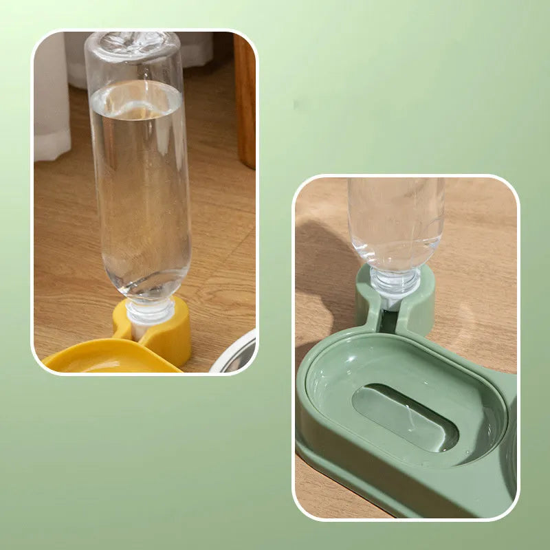 Automatic cat feeding bowl set with water dispenser bottle and elevated food bowl