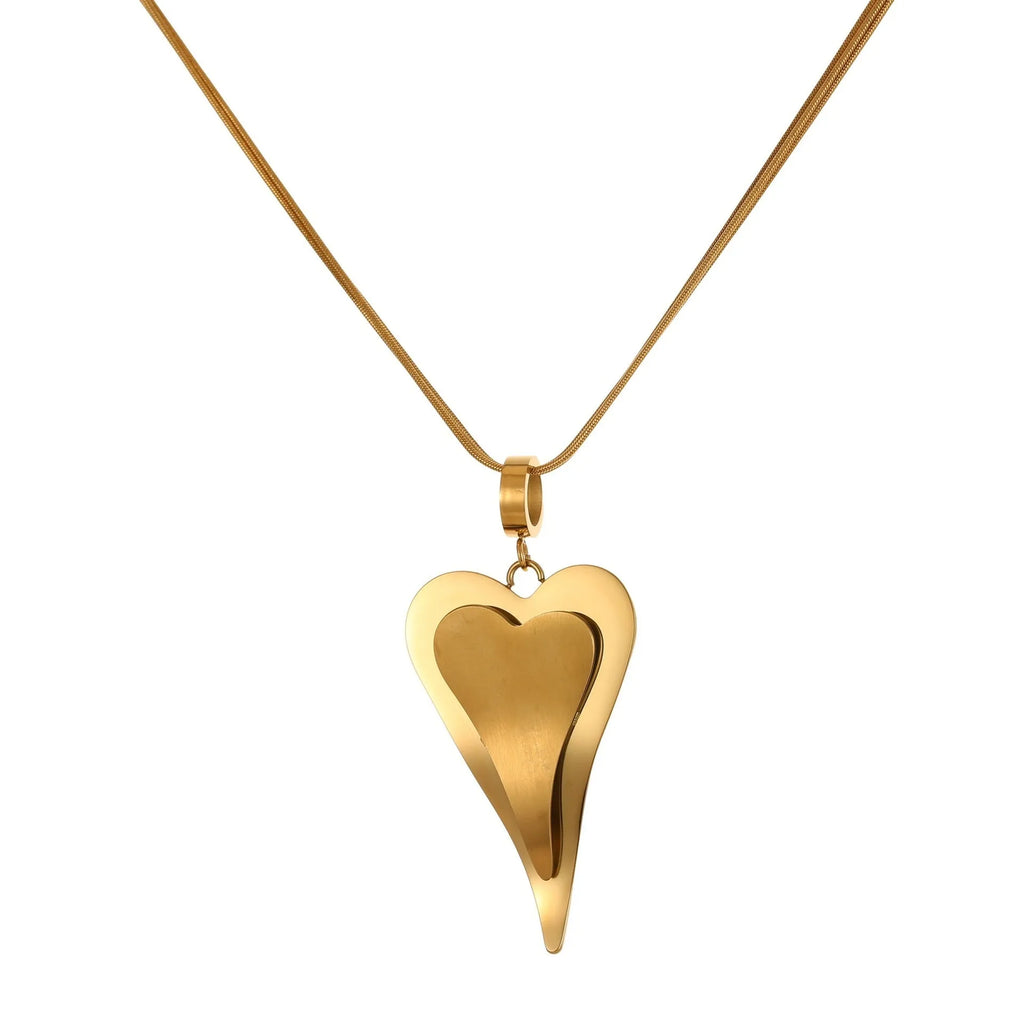 Women's stainless steel necklace with geometric pendant on double heart snake bones chain