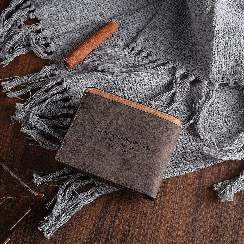 Coffee coloured engraved horizontal short PU wallet showing seven card slots.