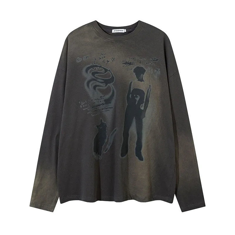 Women's loose pullover top with letter pattern design in dark grey cotton fabric