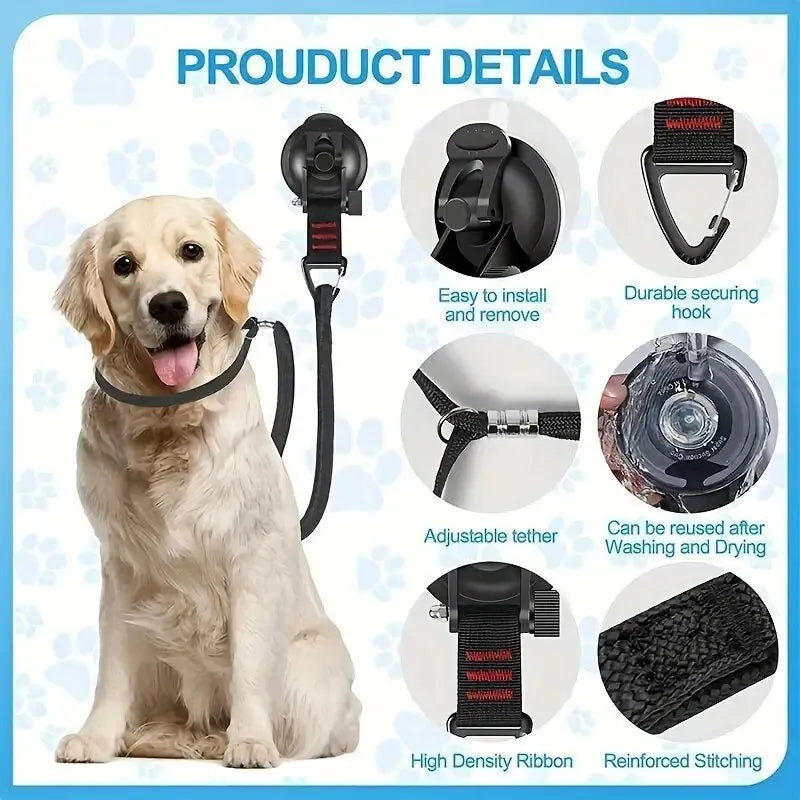 Pet bathing restraint with blue suction cups and adjustable rope securing a dog during washing