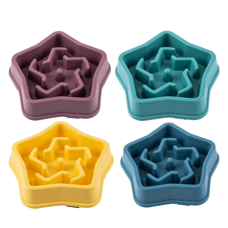Yellow plastic dog slow feeding bowl with rough base design to prevent choking, 20.1cm diameter