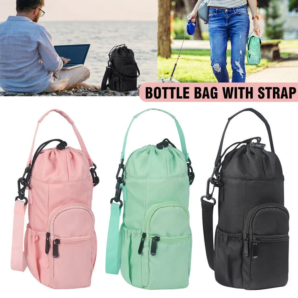 Cloth crossbody water bottle shoulder pouch in black, green, or pink.