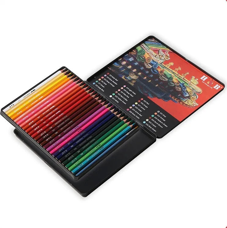 Box of 24 water soluble coloured pencils open inside a silver iron storage tin.