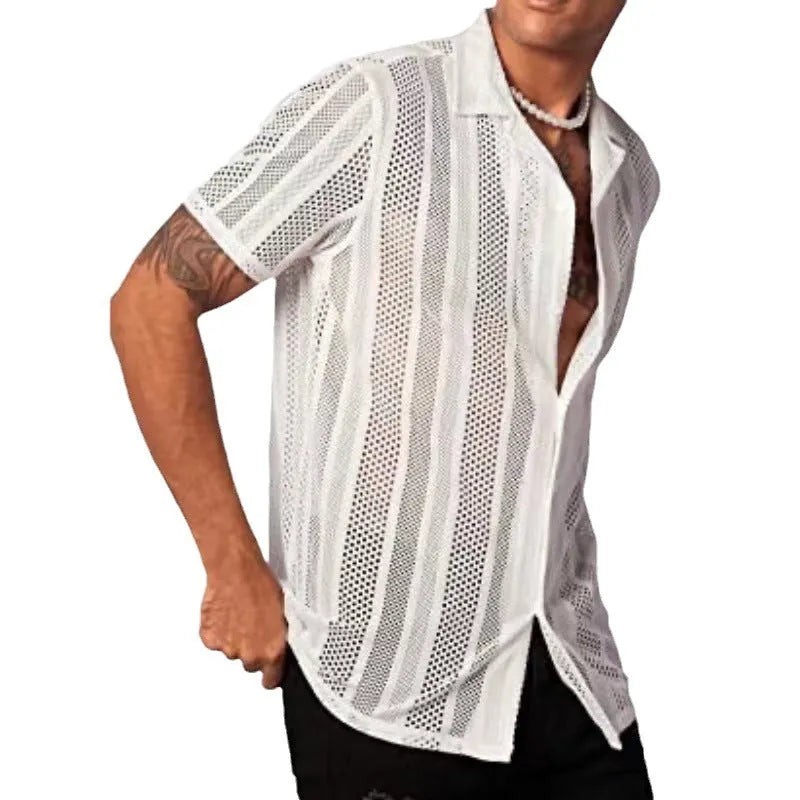 Men's white knitted short-sleeve button shirt with jacquard texture and regular fit
