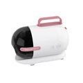 Pink and white pet grooming vacuum cleaner with attached hose and electric shaver grooming tool on a white background.