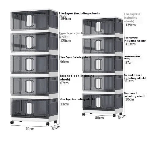 Foldable white household storage locker with wheels showing multiple layer configuration for clothes and shoe organisation