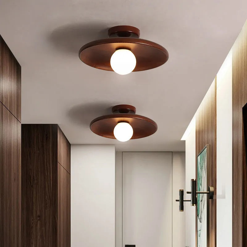 Modern minimalist solid wood ceiling lamp with glass shade in walnut colour