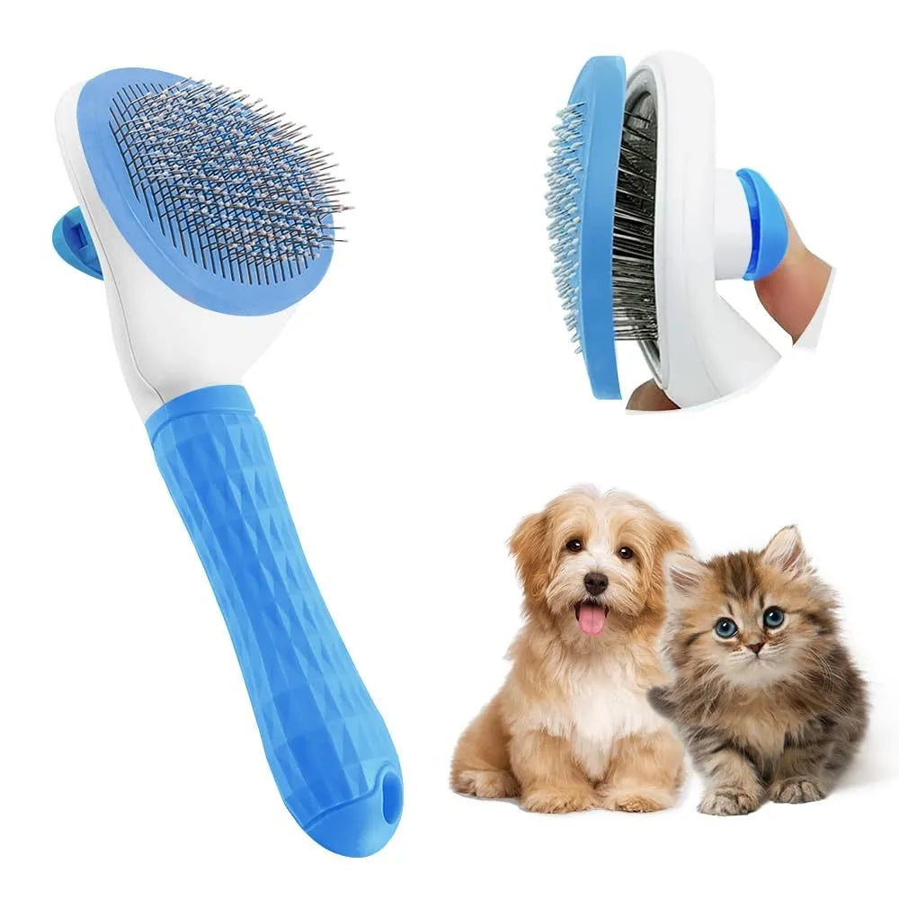 Cat grooming brush with release button in blue, grey, or pink colours with fine wire bristles