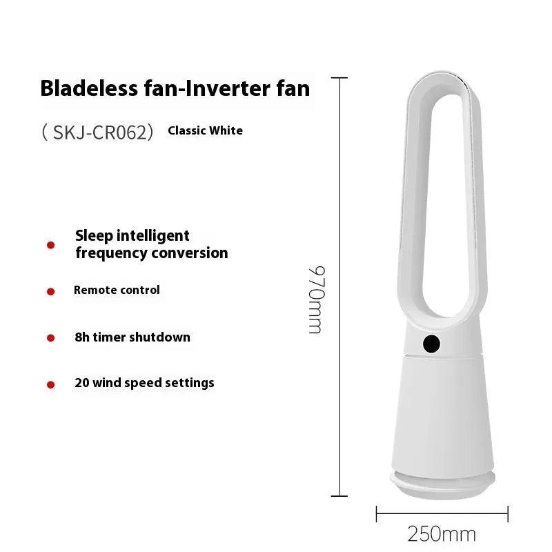White bladeless tower fan with remote control on floor