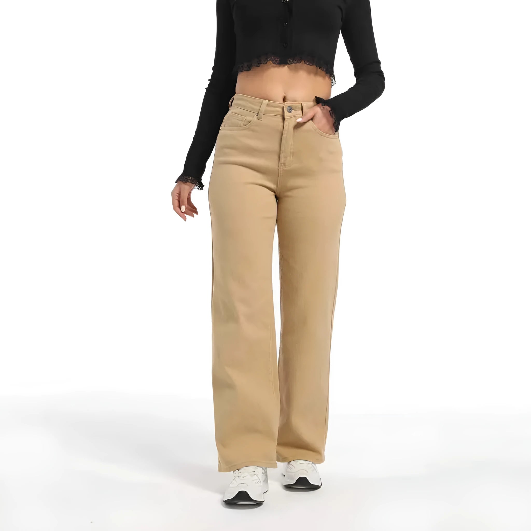 Women's high-waist wide-leg jeans in apricot and khaki colours, showing the relaxed fit and trouser length.