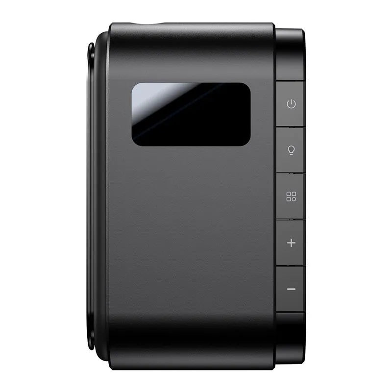 Black cordless car tyre inflator 45W with LED digital display and 5-150PSI pressure gauge, 130x80.21x46mm