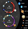 Twelve zodiac sign natural stone beaded bracelets showing astrology symbols on gemstone beads