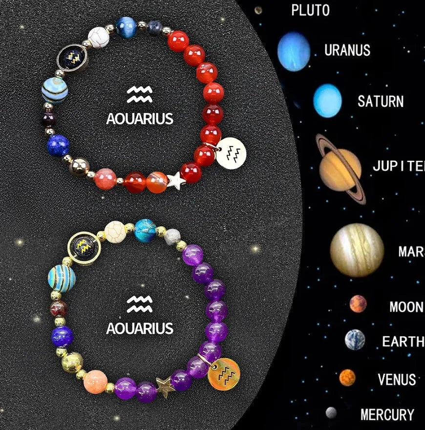 Twelve zodiac sign natural stone beaded bracelets showing astrology symbols on gemstone beads