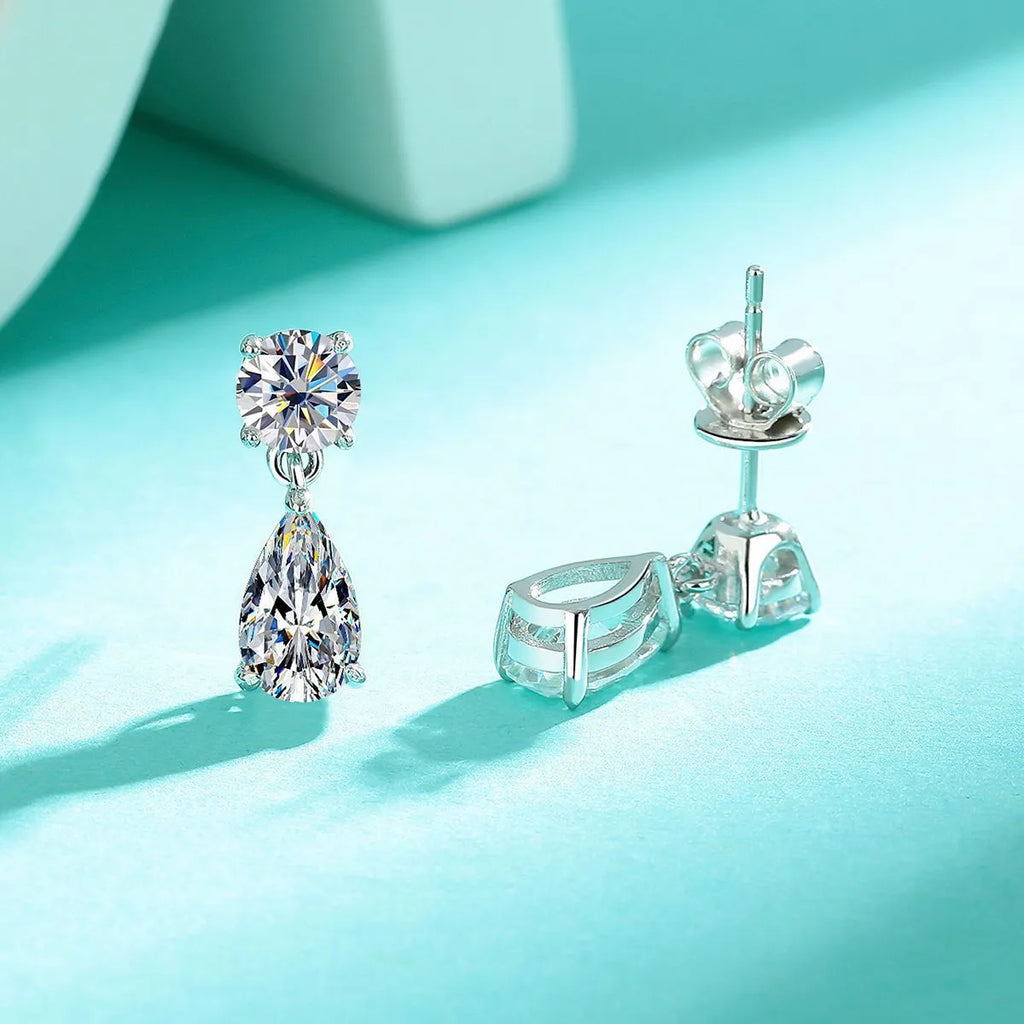 Sterling silver moissanite stud earrings with round and water drop stones in gold or silver
