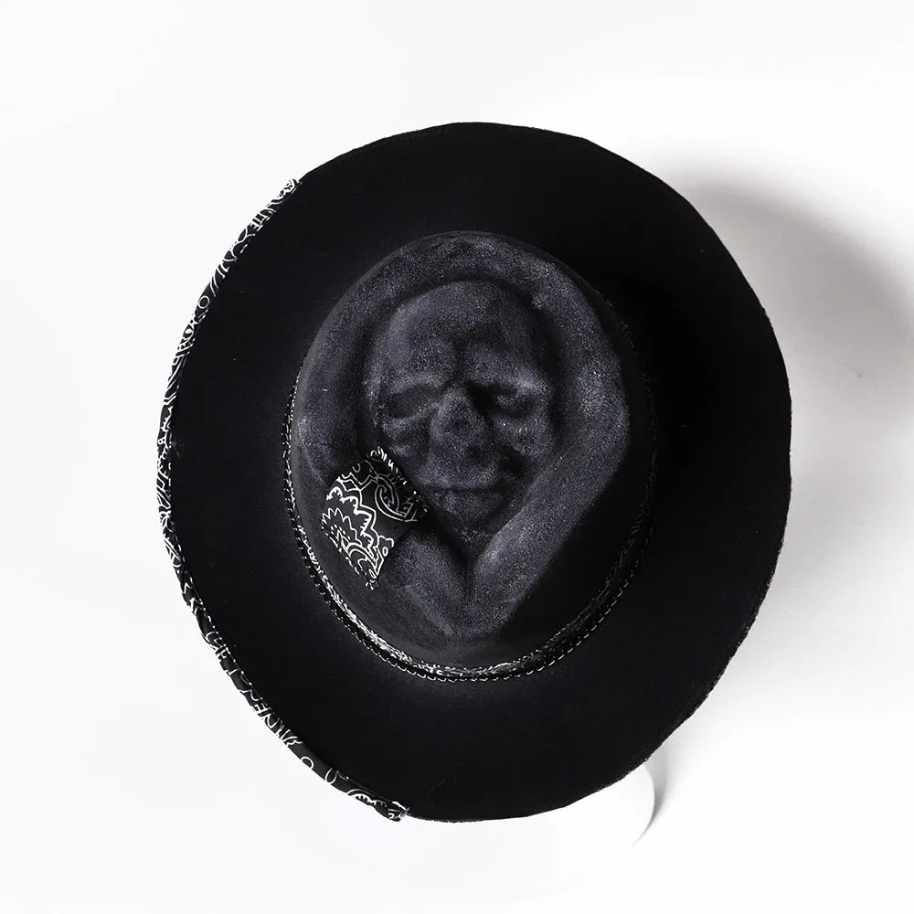Handmade wool felt conical hat with skull design and denim-style crown