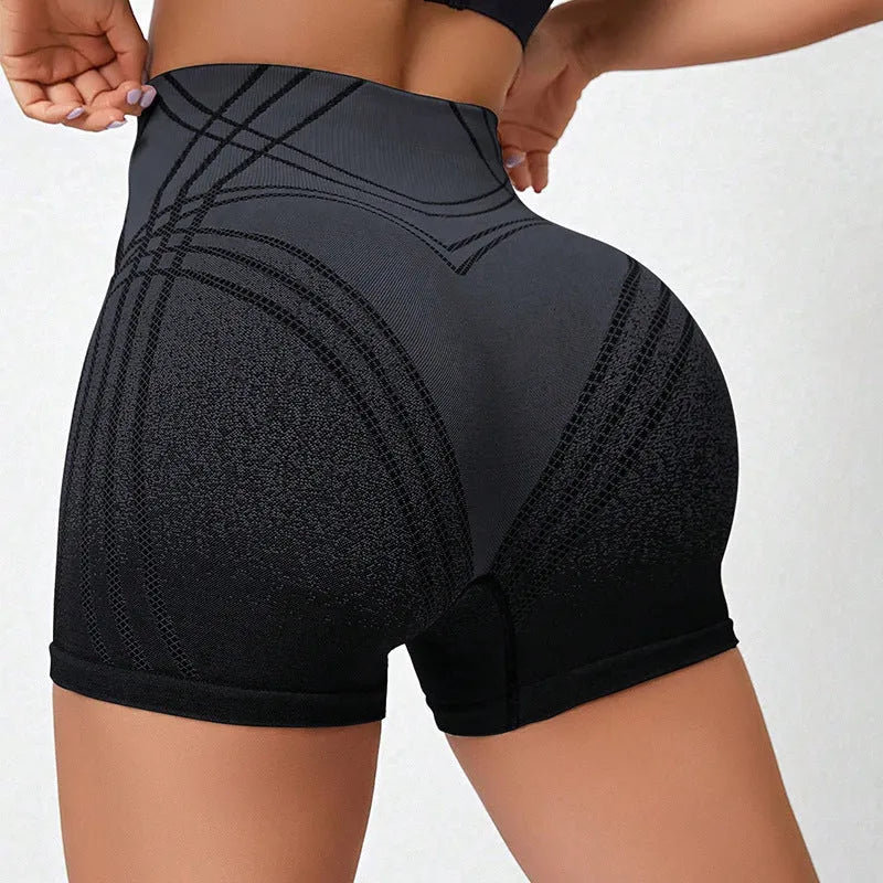 Women's high-waisted gradient fitness shorts in black or brown with Monsters Inc design for yoga and running