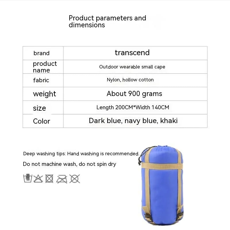 Army green outdoor cloak sleeping bag with wearable design shown in both cloak and sleeping bag configurations