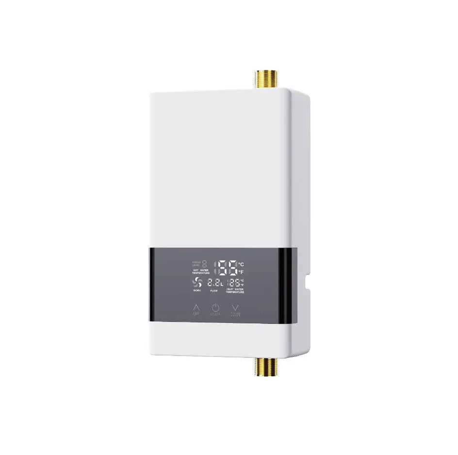 Gold household instantaneous electric water heater with LED touch screen and remote control.
