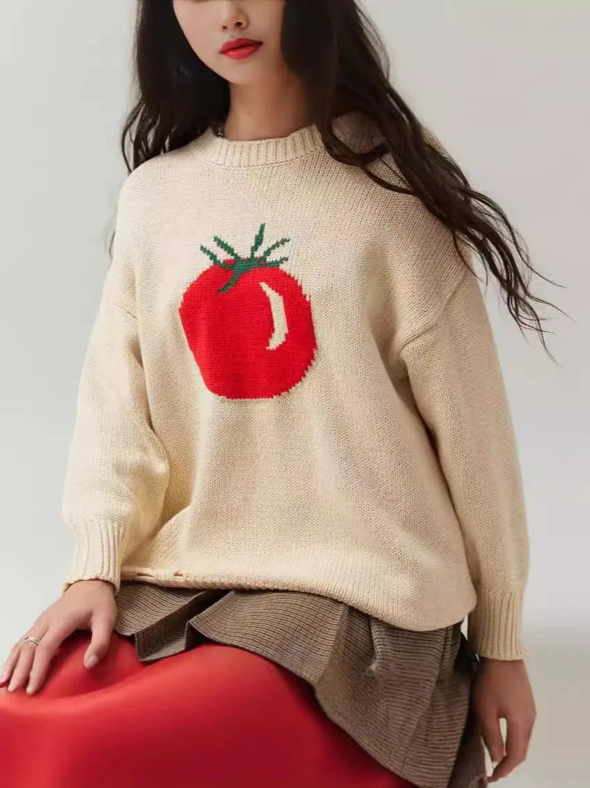 Women's milky white acrylic jacquard knit sweater with round neck and long sleeves