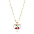 Adjustable heart necklace showing geometric fruit pendants: apple, pineapple, strawberry, cherry, and pear.