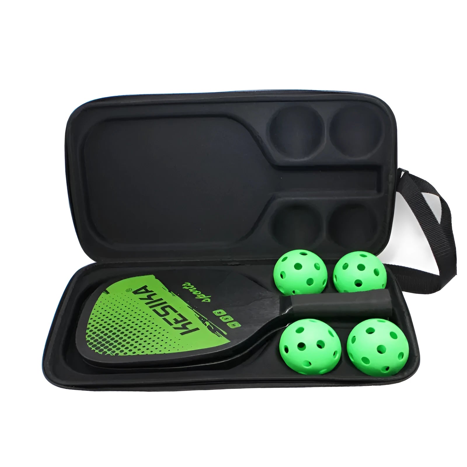 Black EVA pickleball racket storage box with double shoulder straps, shown holding a paddle and balls.