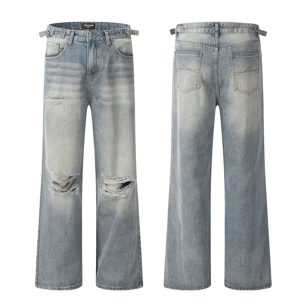 Blue retro straight-leg jeans with distressed detailing and adjustable waistband