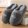 Men's grey and brown plaid winter slippers with thick rabbit hair upper and wool lining.