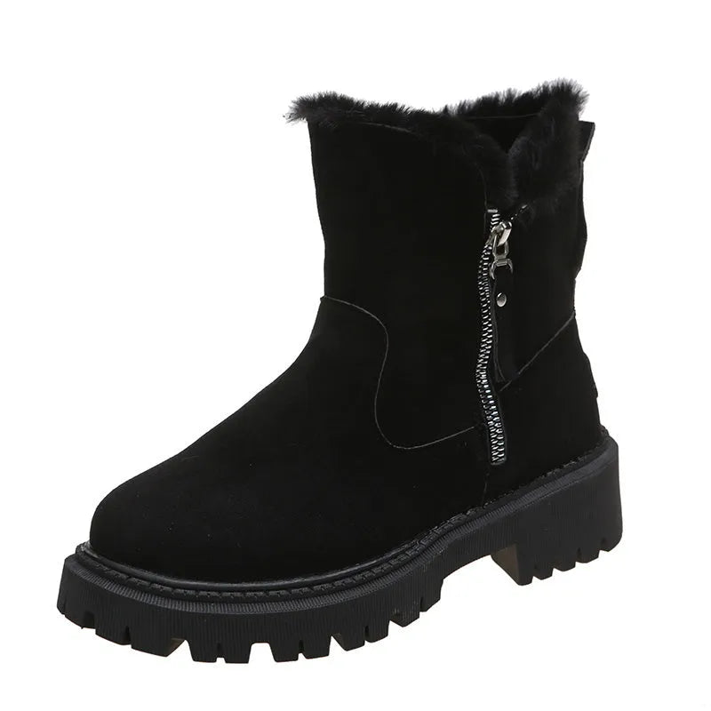 Women's black faux suede high-top snow boots with side zipper and faux fur lining.