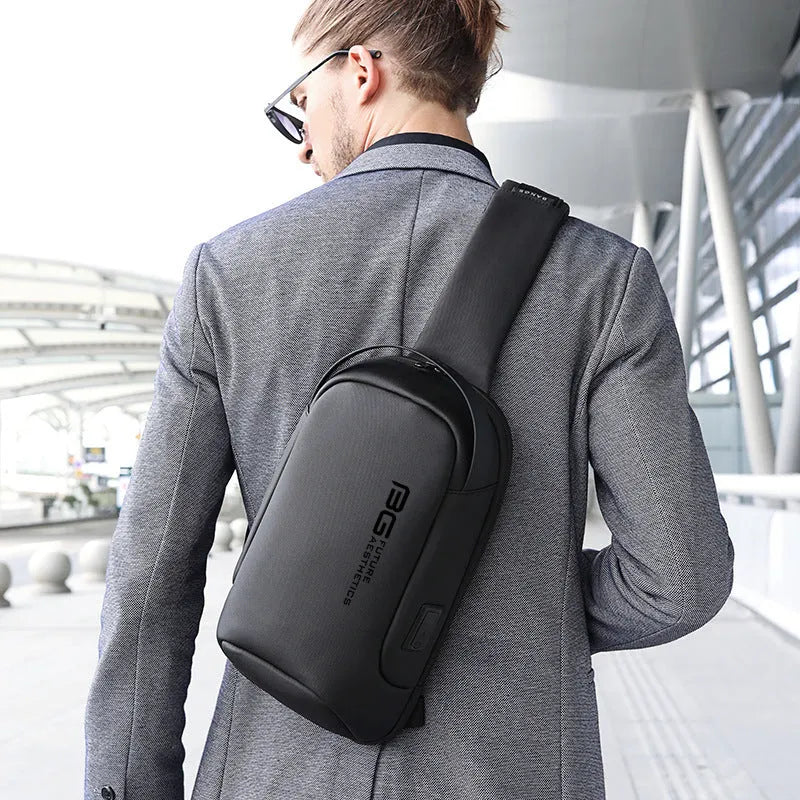 Men's oxford cloth shoulder bag with USB charging port in black colour option