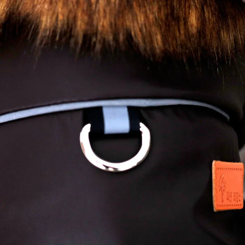 Reflective warm pet fur coat with fur collar in brown or red PU leather, sizes S to XXL