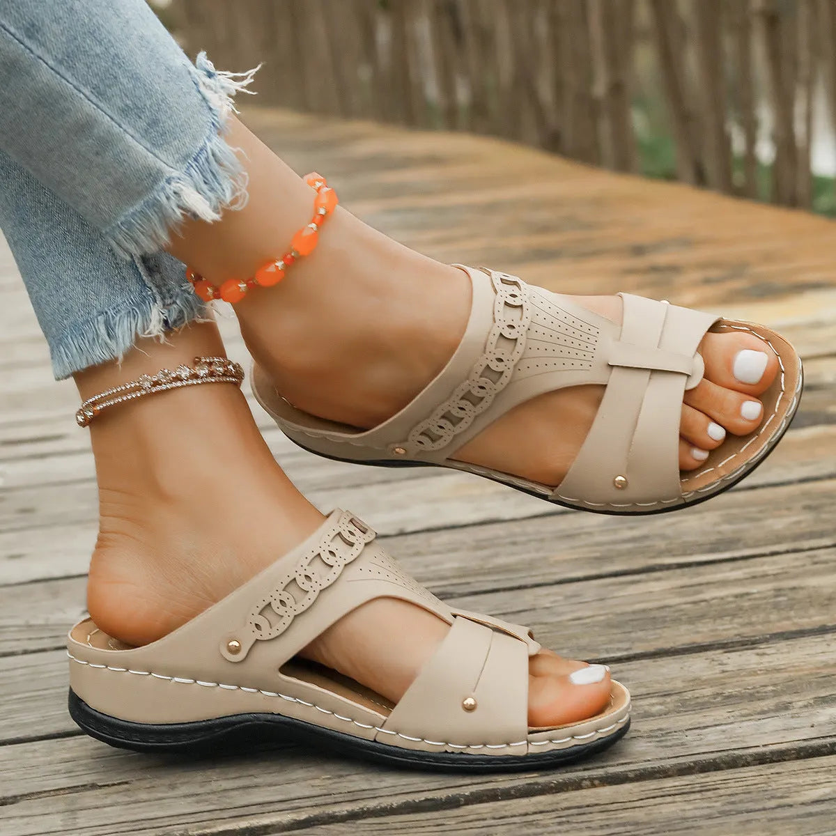 Roman style slippers with slope heel and fish mouth toe in blue, black, white, beige, red, or brown colours