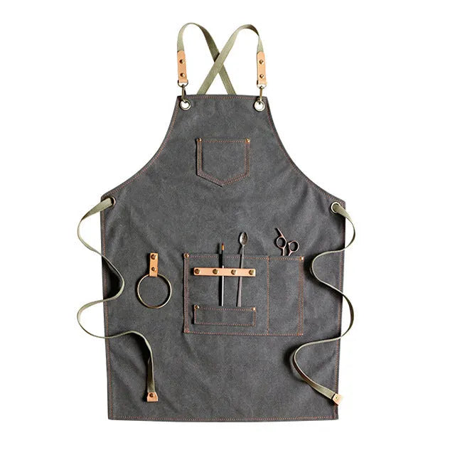 Canvas apron with cross straps in camel colour for baking and gardening work