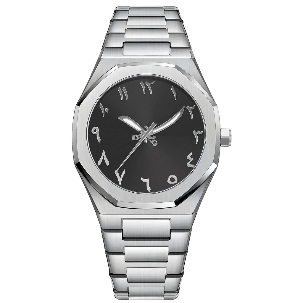 Men's business casual quartz watch with stainless steel band showing 10mm thickness and professional dial